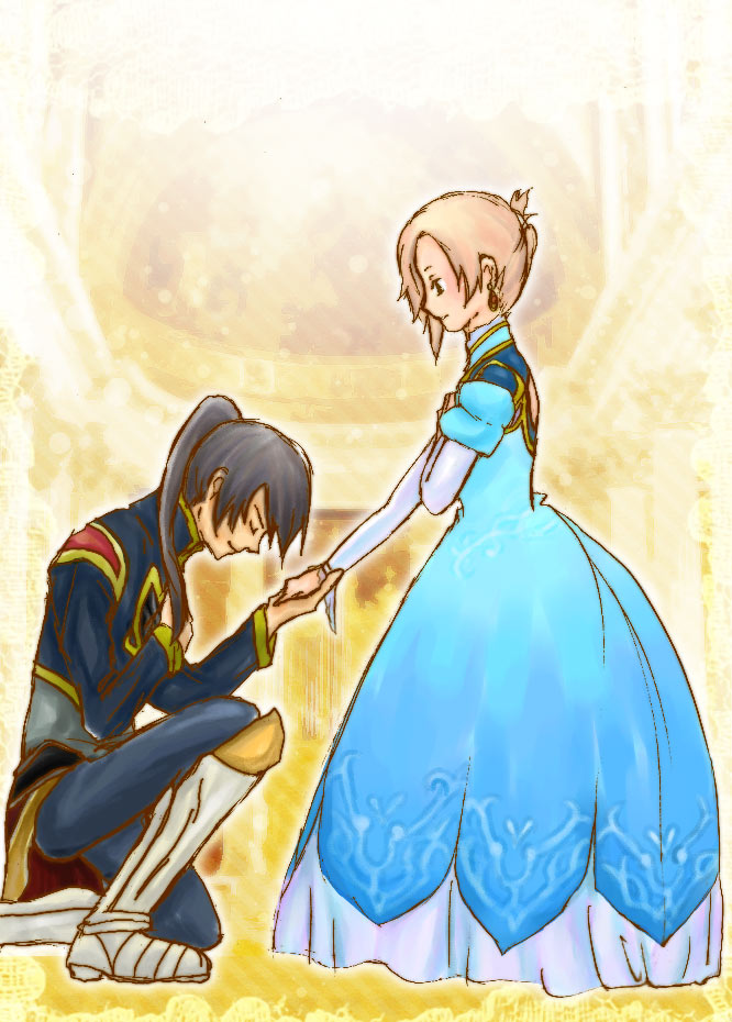 shio (loverabbit), estellise sidos heurassein, yuri lowell, tales of (series), tales of vesperia, 00s, 1boy, 1girl, black hair, blonde hair, closed eyes, formal clothes, hetero, holding hands, kneeling, long hair, official alternate costume, pink hair, short hair, smile