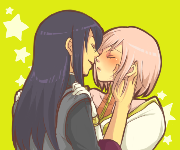 shirou (vista), estellise sidos heurassein, yuri lowell, tales of (series), tales of vesperia, bad id, bad pixiv id, 00s, 1boy, 1girl, black hair, closed eyes, couple, hetero, holding, kiss, long hair, pink hair, short hair, smile