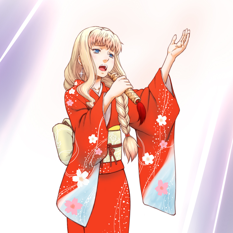 minazuki tsuyuha, sheryl nome, macross, macross frontier, 00s, blonde hair, braid, earrings, japanese clothes, jewelry, kimono, microphone, solo