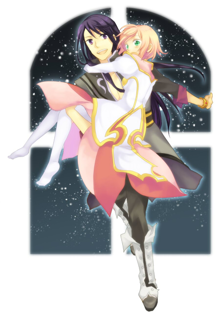 takana (nanao), estellise sidos heurassein, yuri lowell, tales of (series), tales of vesperia, bad id, bad pixiv id, 00s, 1boy, 1girl, black hair, boots, couple, green eyes, hetero, holding, knee boots, long hair, pink hair, short hair, smile, star (symbol)