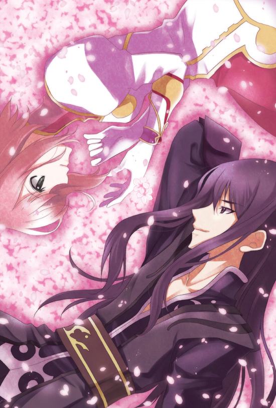 nina (pastime), estellise sidos heurassein, yuri lowell, tales of (series), tales of vesperia, bad id, bad pixiv id, 00s, 1boy, 1girl, black hair, couple, flower, hetero, long hair, pink hair, short hair, smile