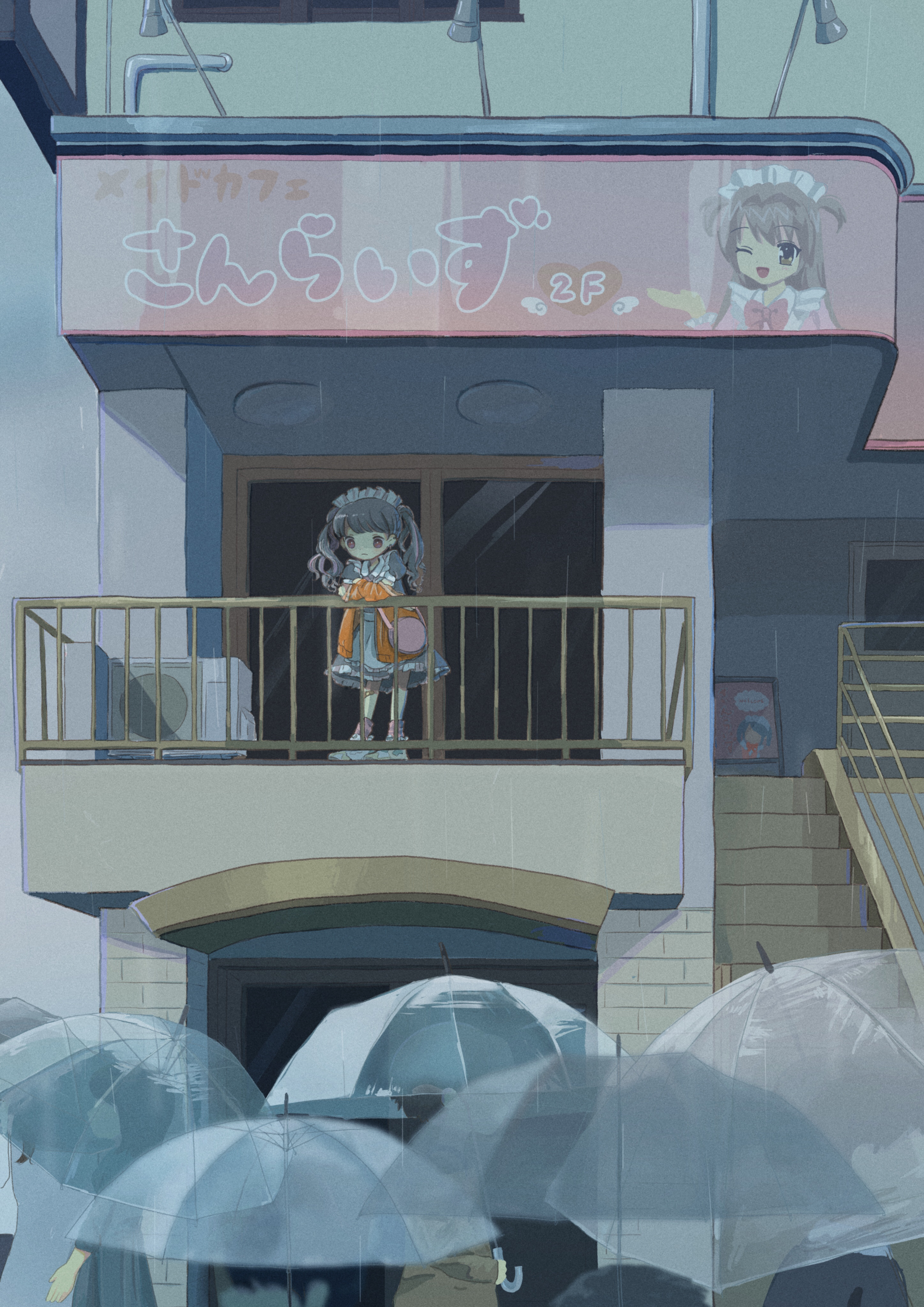 original, absurdres, commentary, highres, symbol-only commentary, 1girl, against railing, ariake (shiroan koshian), bag, balcony, black hair, blurry, blurry foreground, building, condenser unit, crowd, day, dress, grey dress, handbag, holding, holding umbrella, jacket, jacket partially removed, long hair, maid, maid cafe, maid headdress, orange jacket, outdoors, people, railing, rain, red eyes, sign, solo focus, stairs, standing, transparent, transparent umbrella, twintails, umbrella, wide shot