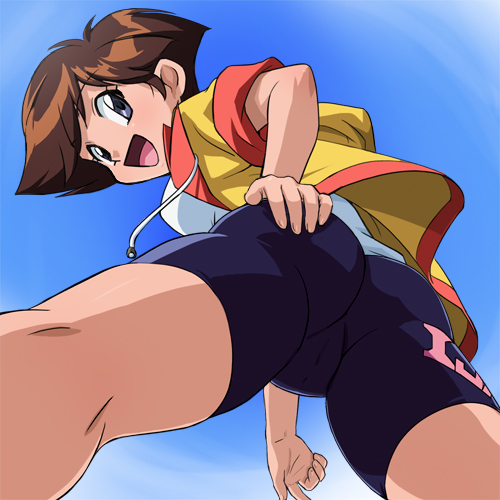 haruyama kazunori, hanaoka isami, tobe! isami, lowres, 1girl, ass, bike shorts, blue eyes, brown hair, cameltoe, female focus, hand on own ass, kneepits, solo, swept bangs