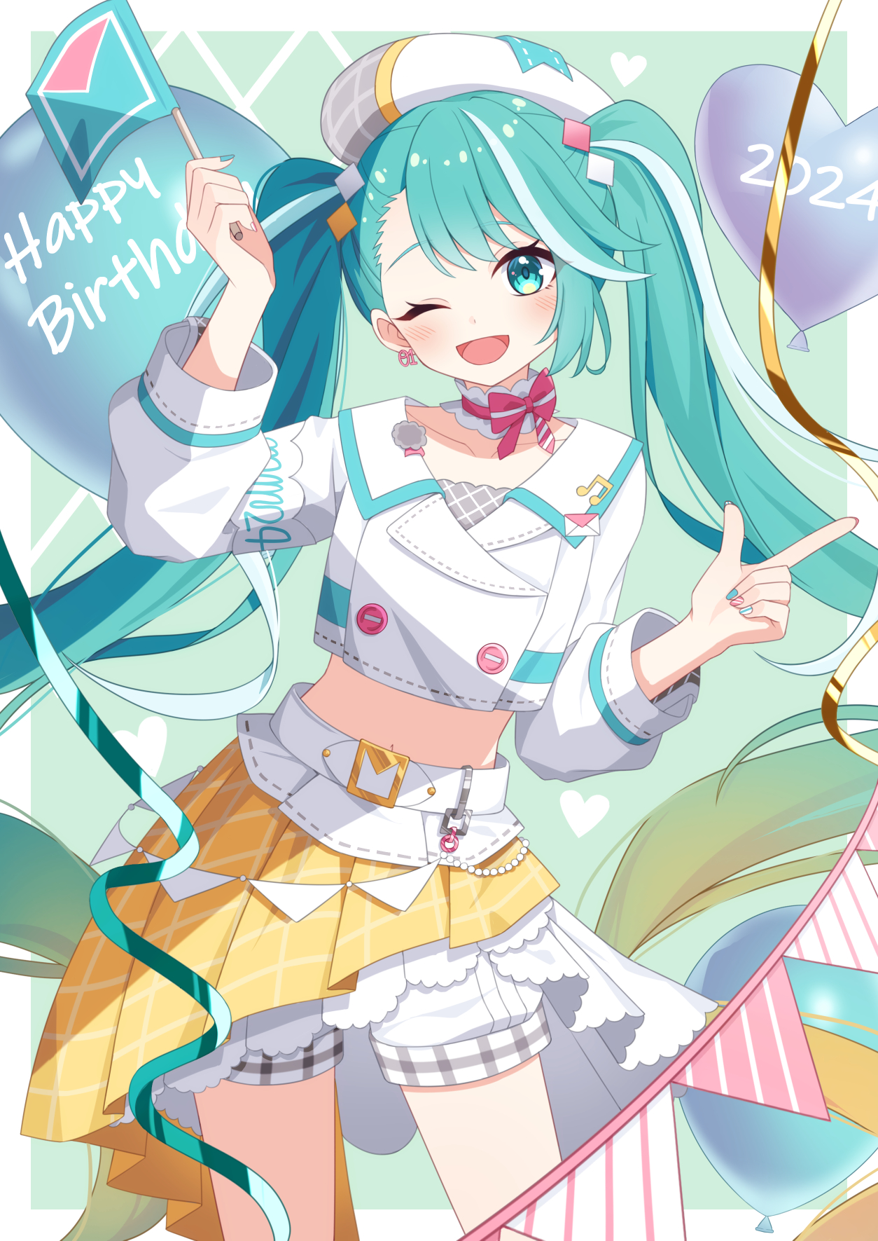 divergenceok, hatsune miku, magical mirai miku, magical mirai miku (2024), magical mirai (vocaloid), vocaloid, highres, 1girl, aqua eyes, aqua hair, aqua nails, balloon, belt, beret, blush, bow, collarbone, cropped jacket, diamond hair ornament, happy birthday, hat, heart balloon, jacket, long hair, long sleeves, looking at viewer, midriff, navel, official alternate costume, official alternate hairstyle, one eye closed, open mouth, pink bow, pink nails, plaid clothes, pleated skirt, shorts, shorts under skirt, skirt, smile, solo, twintails, very long hair, white belt, white hat, white jacket, white shorts, yellow skirt