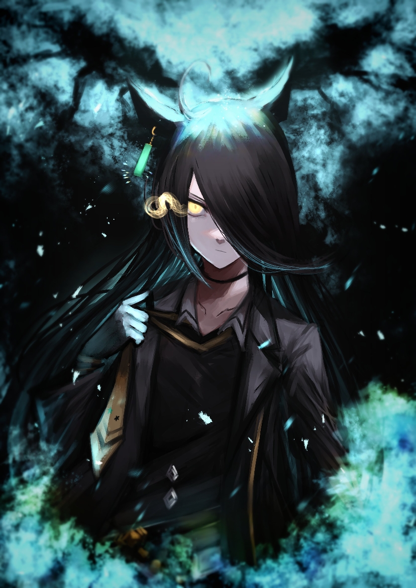 hasewo, manhattan cafe (umamusume), umamusume, 1girl, adjusting clothes, adjusting necktie, ahoge, animal ears, black choker, black coat, black vest, choker, coat, collared shirt, ear ornament, ear tag, earrings, eye trail, hair over one eye, hand up, hem peeking out, holding necktie, horse ears, horse girl, jewelry, light trail, long bangs, long sleeves, multicolored hair, necktie, open clothes, open coat, shirt, single earring, solo, vest, white hair, white shirt, yellow eyes, yellow necktie