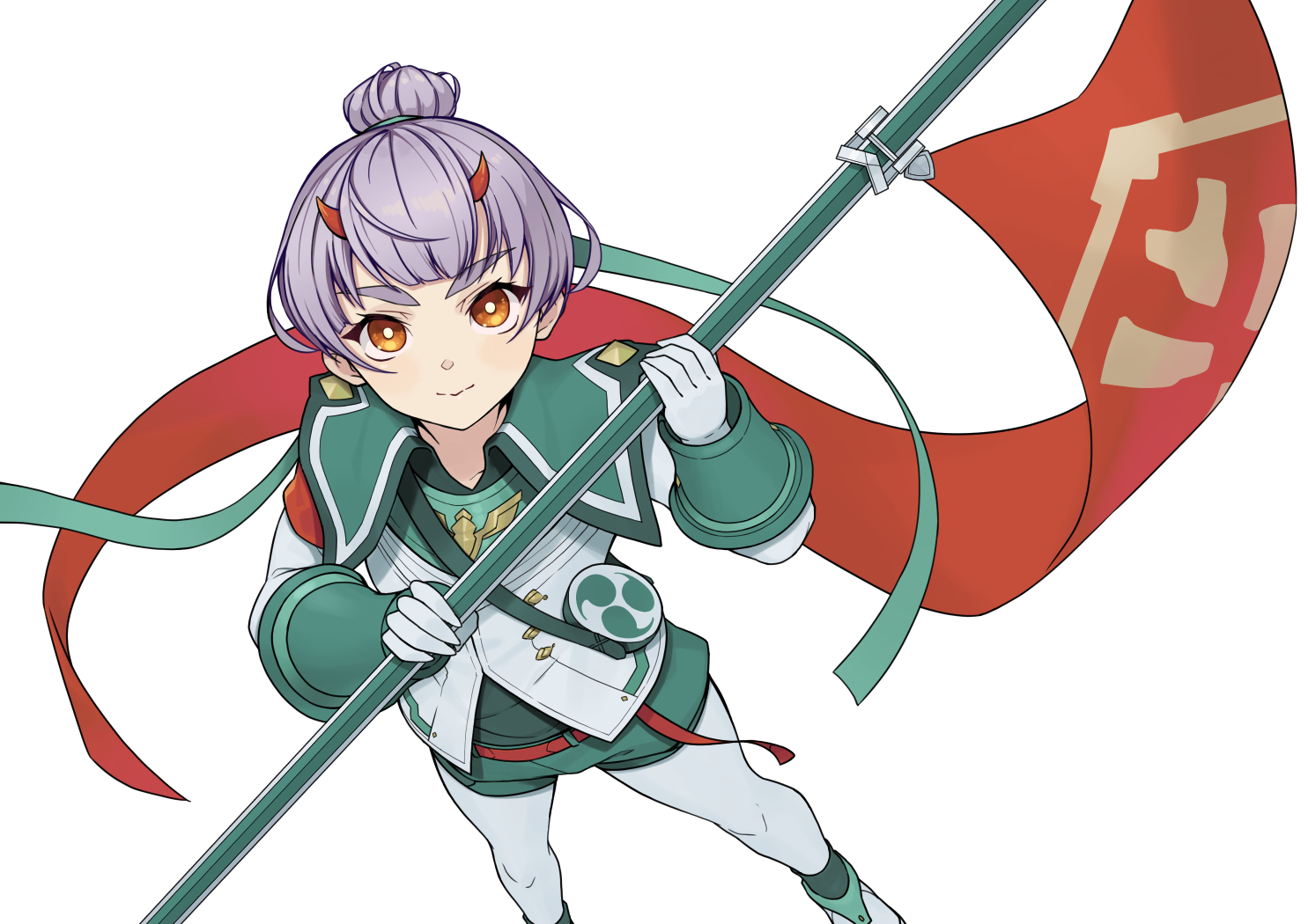 namicha, fiona (xenoblade), xenoblade chronicles (series), xenoblade chronicles 3, commentary request, 1girl, bright pupils, closed mouth, flag, flagpole, hair bun, holding, holding flag, horns, looking at viewer, orange eyes, pants, purple hair, simple background, single hair bun, skin-covered horns, smile, solo, standing, thick eyebrows, white background, white pants, white pupils