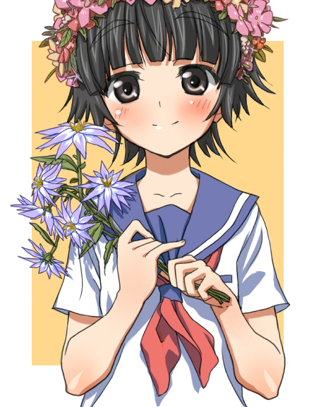 kimitoshiin, uiharu kazari, toaru kagaku no railgun, toaru majutsu no index, bad id, bad pixiv id, 00s, 1girl, black eyes, black hair, blunt bangs, blush, bouquet, female focus, flower, hair flower, hair ornament, head wreath, school uniform, serafuku, short hair, simple background, smile, solo, upper body
