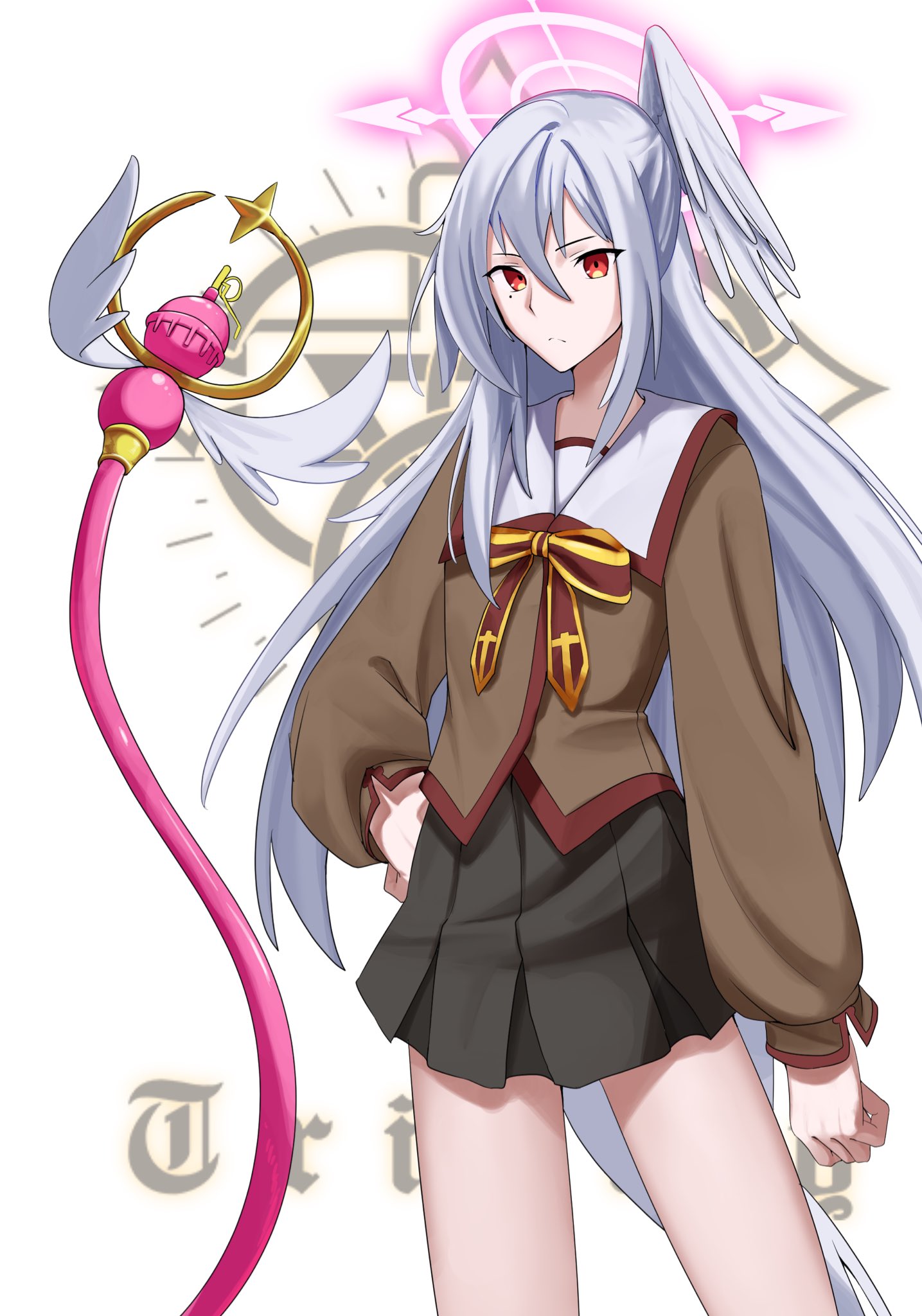 oekaki nyagama, suzumi (blue archive), suzumi (magical) (blue archive), blue archive, fate/kaleid liner prisma illya, fate (series), commentary request, highres, 1girl, alternate costume, black skirt, bow, bowtie, brown serafuku, contrapposto, familiar, feet out of frame, frilled skirt, frills, hair between eyes, halo, head wings, homurabara academy school uniform, long hair, long sleeves, looking at viewer, pink halo, red bow, red bowtie, red eyes, sailor collar, school uniform, serafuku, single head wing, skirt, solo, trinity general school logo, very long hair, wand, white background, white hair, white sailor collar, wings