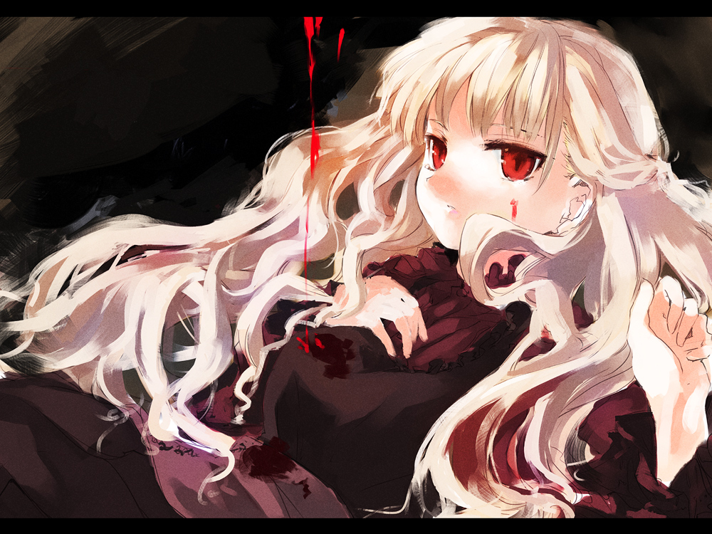 shunsei (muratou), silver hair, bad id, bad pixiv id, blood, blood on face, blood stain, letterboxed, long hair, lying, red eyes, solo, very long hair