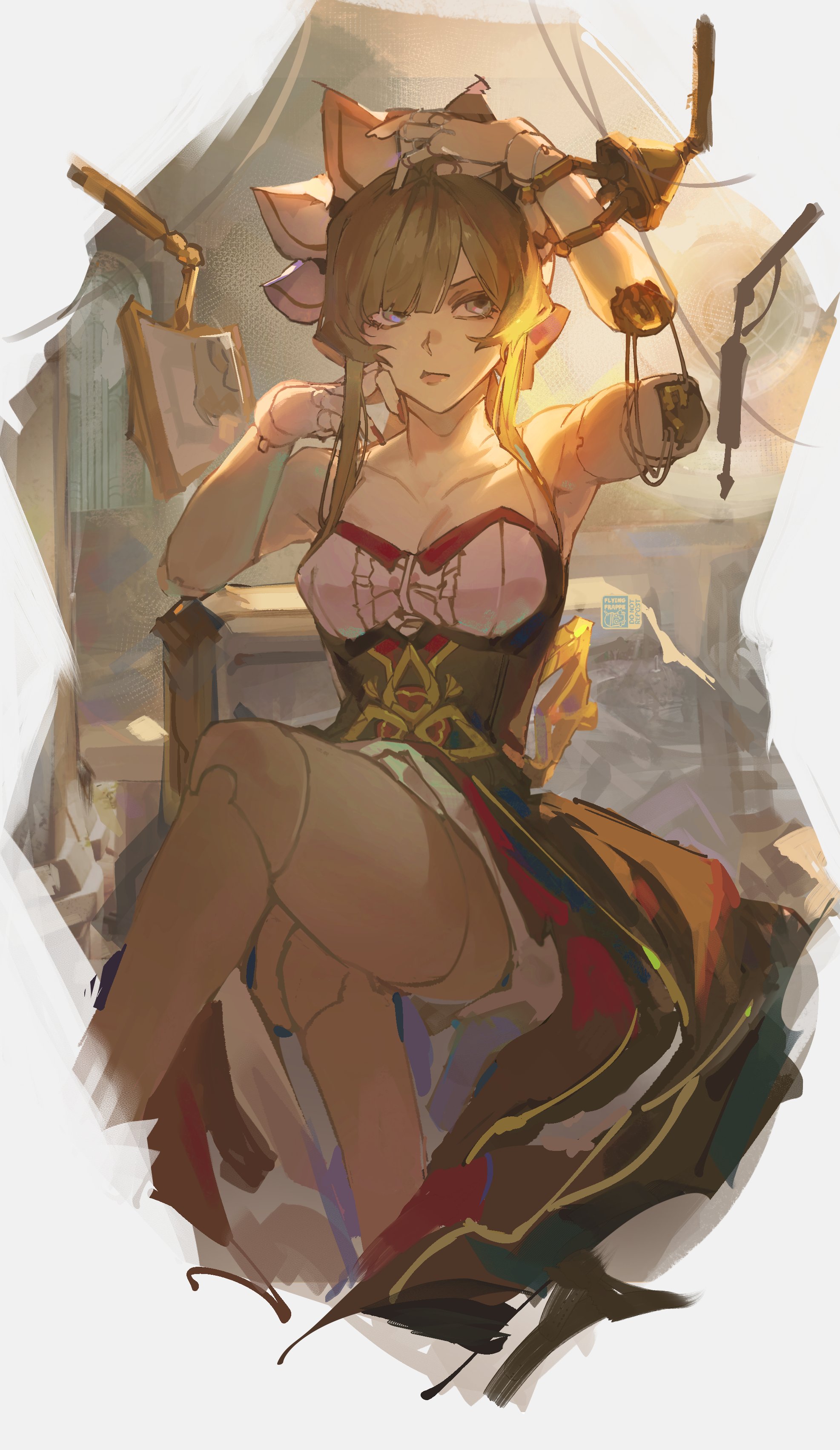 flying-frappuccino, sandrone (genshin impact), genshin impact, absurdres, commentary, english commentary, highres, 1girl, bare shoulders, black dress, blunt bangs, border, breasts, brown hair, cable, chair, closed mouth, collarbone, doll joints, dress, feet out of frame, hair between eyes, hands up, hat, indoors, joints, lamp, lips, looking up, medium breasts, mirror, mob cap, on chair, outside border, purple eyes, short hair with long locks, sitting, sleeveless, sleeveless dress, solo, strapless, strapless dress, table, white border, white hat