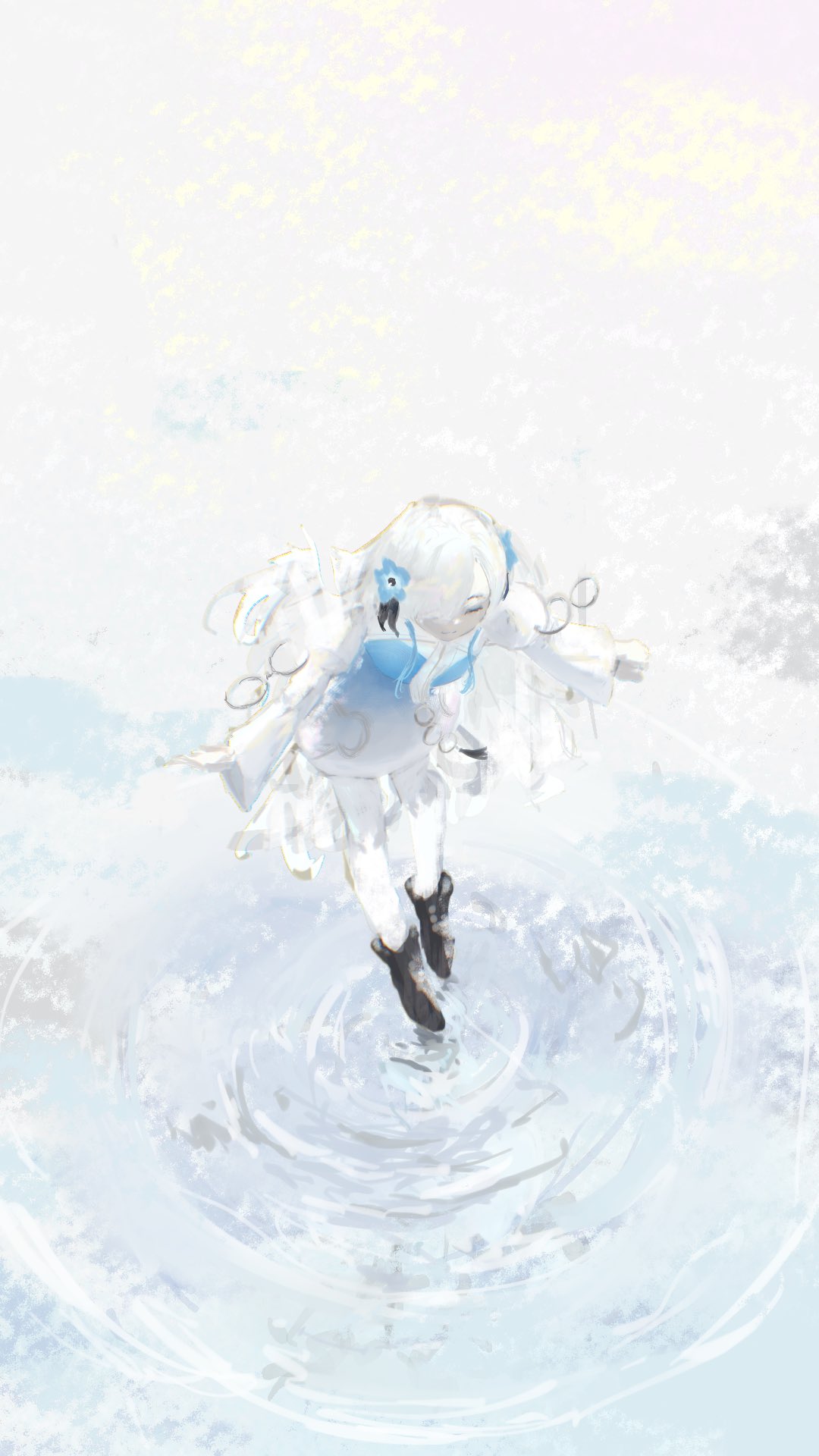 isekaijoucho, kamitsubaki studio, highres, 1girl, blue hair, boots, closed eyes, discharge smp, dress, flower, hair flower, hair ornament, long hair, multicolored hair, pantyhose, ripples, sketch, smile, solo, two-tone hair, white hair, white pantyhose