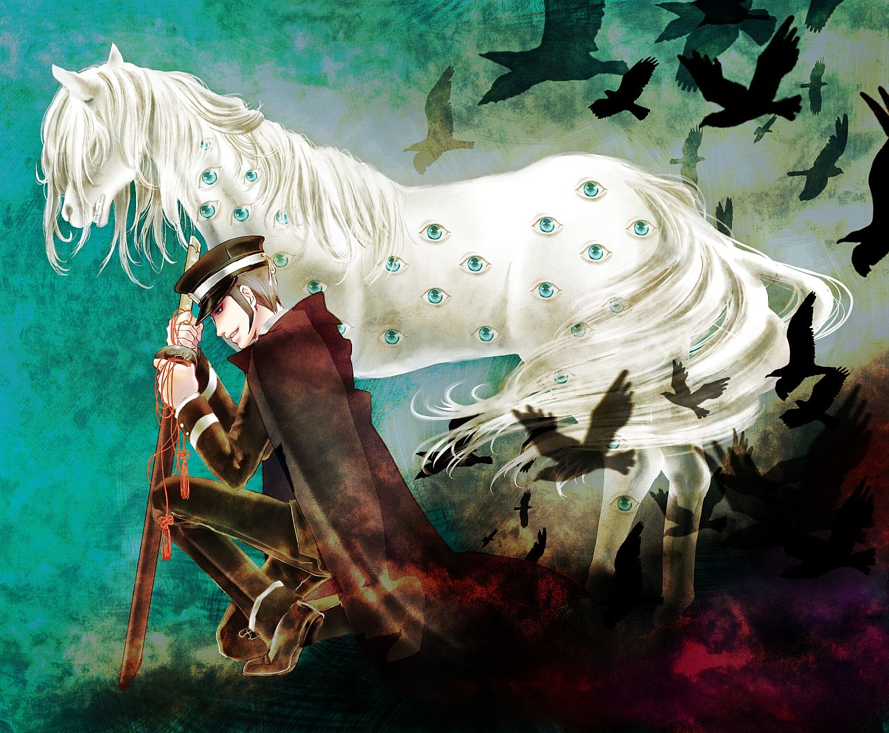 kuzunoha raidou, atlus, devil summoner (series), raidou kuzunoha vs king abaddon, raidou kuzunoha vs the soulless army, shin megami tensei, bird, black hair, cape, eye focus, hat, horse, male focus, shako cap, solo, sword, weapon