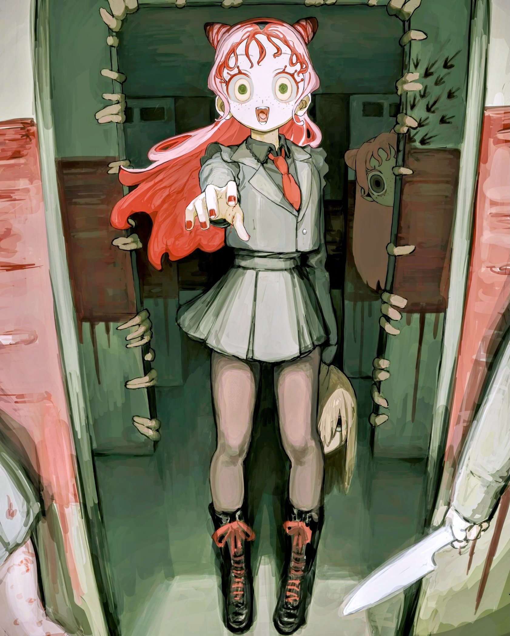 gakudayo, original, commission, highres, skeb commission, 1other, 3girls, arrow (symbol), black boots, black shirt, boots, clone, collared shirt, cone hair bun, doorway, double bun, floating hair, grey jacket, grey skirt, hair bun, holding, holding detached head, holding knife, horror (theme), jacket, knife, lace-up boots, lapels, long hair, long sleeves, looking at viewer, multiple girls, necktie, open mouth, out of frame, pantyhose, peeking out, pink hair, pink nails, reaching, reaching towards viewer, red necktie, severed head, shirt, skirt, smile, standing, too many fingers, wide-eyed, yellow eyes
