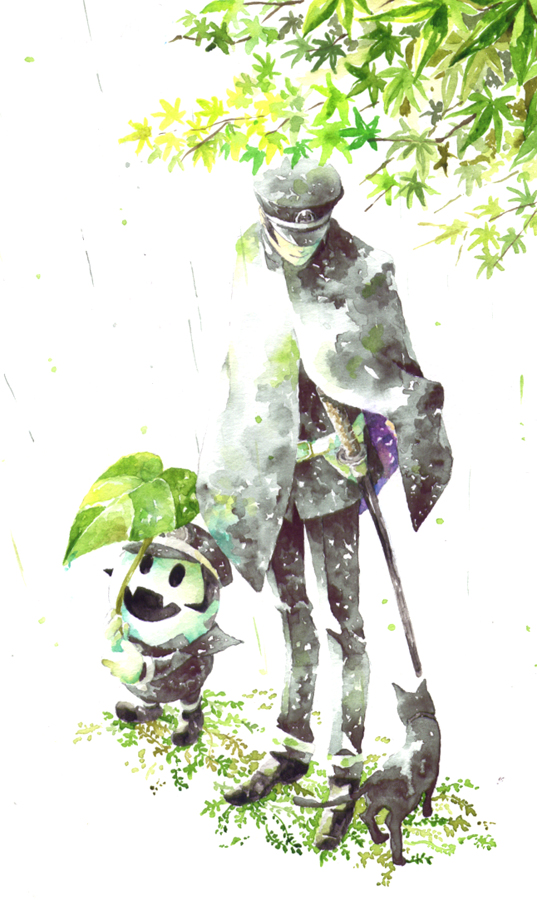 gouto, jack frost (megami tensei), kuzunoha raidou, raiho, atlus, devil summoner (series), raidou kuzunoha vs king abaddon, shin megami tensei, bad id, bad pixiv id, belt, black hair, cape, cat, demon (megami tensei), gakuran, hat, katana, male focus, rain, school uniform, shako cap, short hair, solo, sword, tree, weapon