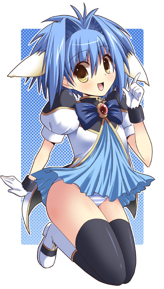 shinshin, mint blancmanche, galaxy angel, uniform, 00s, 1girl, animal ears, black thighhighs, blue hair, blue skirt, blush, brown eyes, female focus, gloves, loli, panties, pantyshot, short hair, skirt, solo, striped clothes, striped panties, thighhighs, underwear