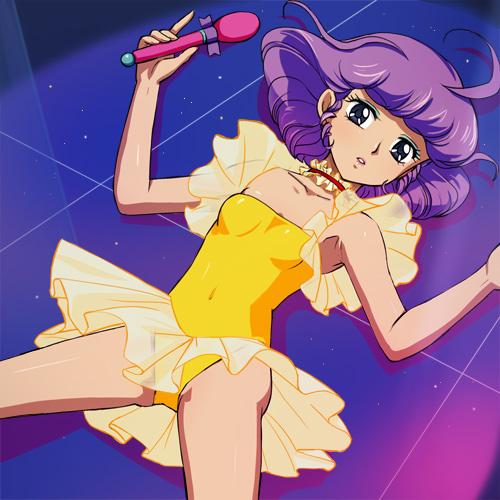 haruyama kazunori, creamy mami, morisawa yuu, mahou no tenshi creamy mami, 1980s (style), lowres, 1girl, ahoge, blue eyes, choker, dress, drill hair, eyeshadow, female focus, flat chest, frills, idol, leotard, lipstick, lying, magical girl, makeup, microphone, oldschool, purple hair, retro artstyle, see-through clothes, skirt, solo