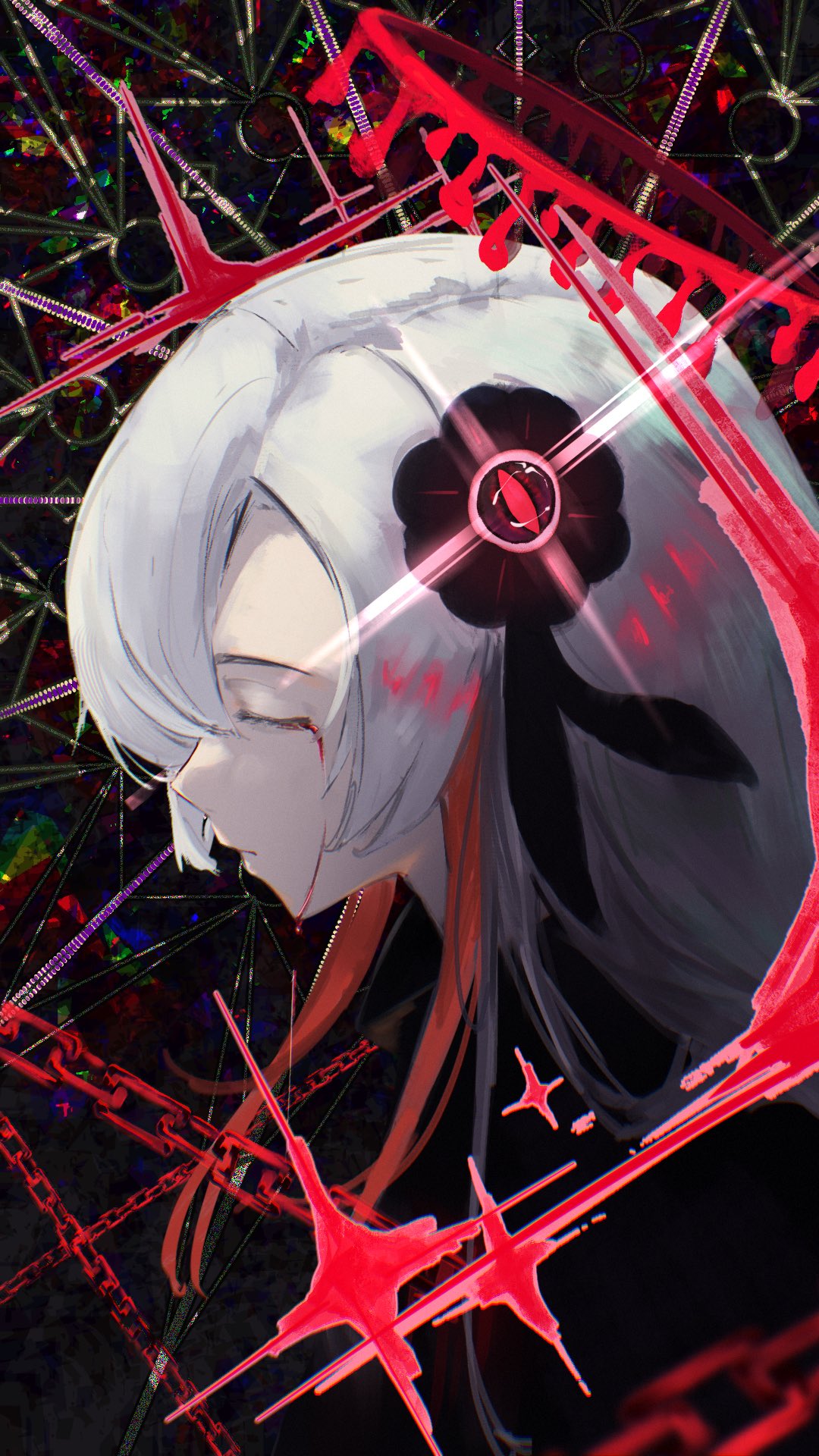 isekaijoucho, kamitsubaki studio, highres, 1girl, blood, bloody tears, chain, closed eyes, discharge smp, expressionless, flower, hair flower, hair ornament, halo, long hair, multicolored hair, profile, red hair, solo, two-tone hair, upper body, white hair
