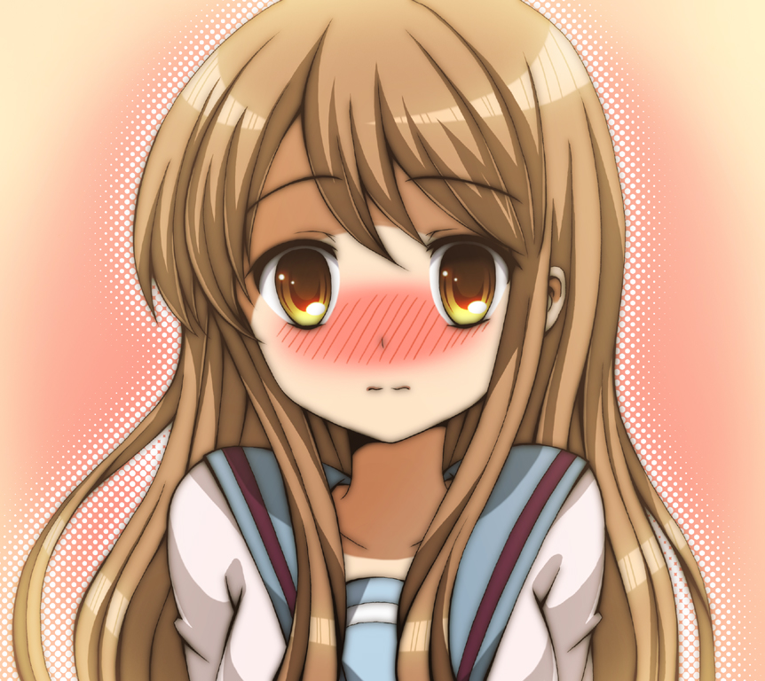 laco soregashi, asahina mikuru, suzumiya haruhi no yuuutsu, bad id, bad pixiv id, 00s, blush, brown eyes, brown hair, long hair, school uniform, serafuku, solo