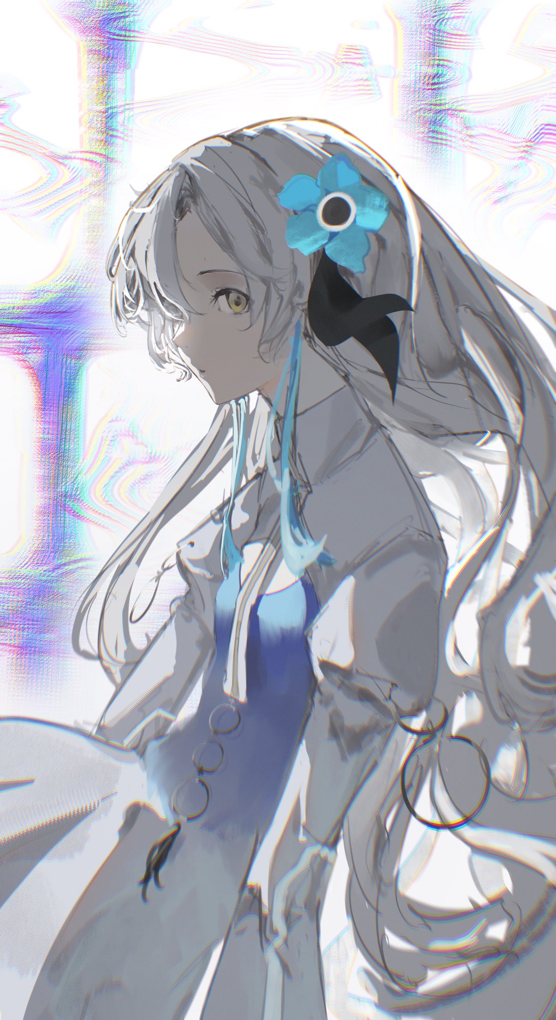 isekaijoucho, kamitsubaki studio, highres, 1girl, blue hair, discharge smp, dress, expressionless, flower, grey hair, hair flower, hair ornament, long hair, looking at viewer, multicolored hair, sketch, solo, two-tone hair, yellow eyes
