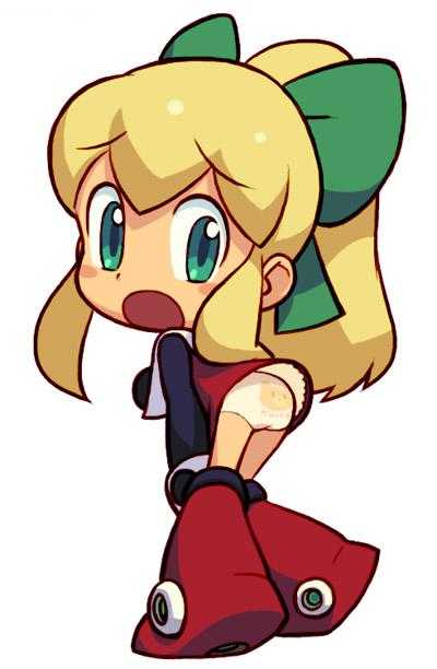 ishikawa hideki, roll (mega man), capcom, mega man (classic), mega man (series), jpeg artifacts, 1girl, blonde hair, chibi, female focus, green eyes, hair ribbon, long hair, panties, ponytail, ribbon, solo, underwear