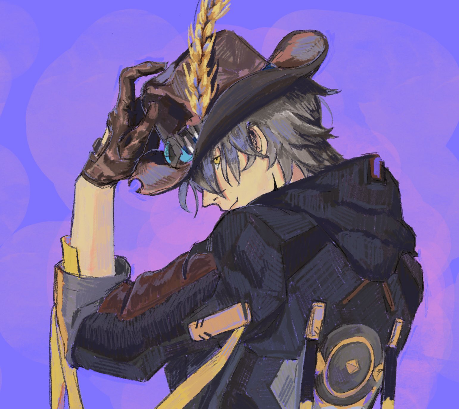 caelus (honkai: star rail), trailblazer (honkai: star rail), honkai: star rail, honkai (series), commentary, english commentary, highres, 1boy, black coat, brown gloves, brown hat, closed mouth, coat, encycllia, from side, gloves, grey hair, hair between eyes, hand up, hat, hat feather, hat ornament, hood, hooded coat, leather, leather gloves, long sleeves, looking at viewer, male focus, purple background, short hair, simple background, smile, solo, upper body, yellow eyes