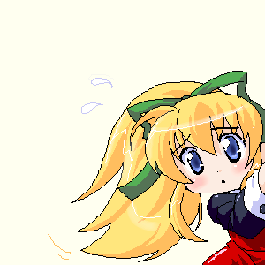 roll (mega man), capcom, mega man (classic), mega man (series), lowres, 1girl, blonde hair, blue eyes, female focus, hair ribbon, long hair, oekaki, peeking out, ponytail, ribbon, solo