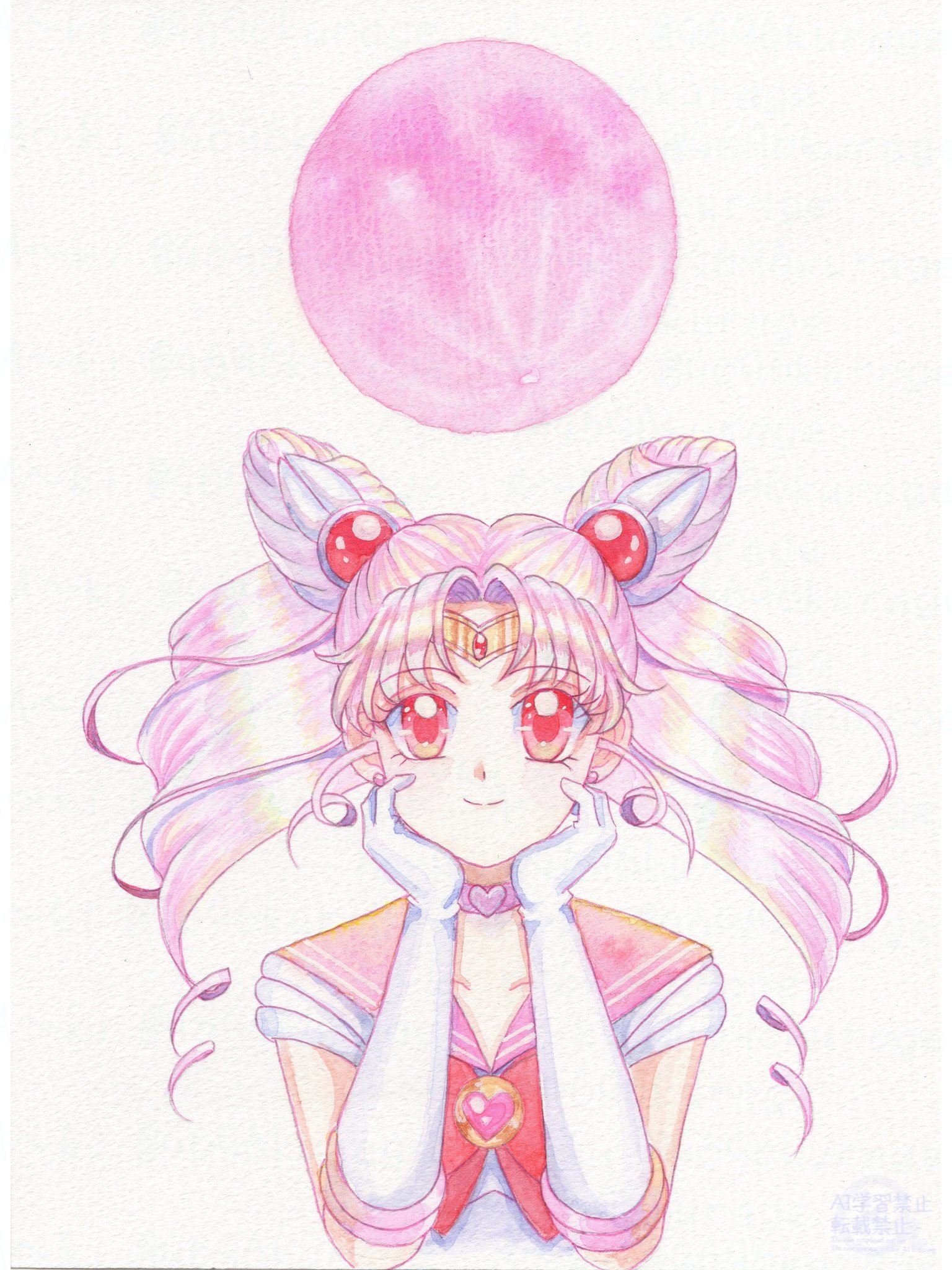 chibi usa, sailor chibi moon, bishoujo senshi sailor moon, highres, painting (medium), traditional media, watercolor (medium), 1girl, 4696kurage, brooch, choker, circlet, cone hair bun, double bun, elbow gloves, gem, gloves, hair bun, hair ornament, heart, heart brooch, heart choker, jewelry, long hair, looking at viewer, moon, pink hair, pink moon, pink sailor collar, red eyes, red gemstone, sailor collar, sailor senshi uniform, simple background, smile, solo, tsukimi, white background, white gloves