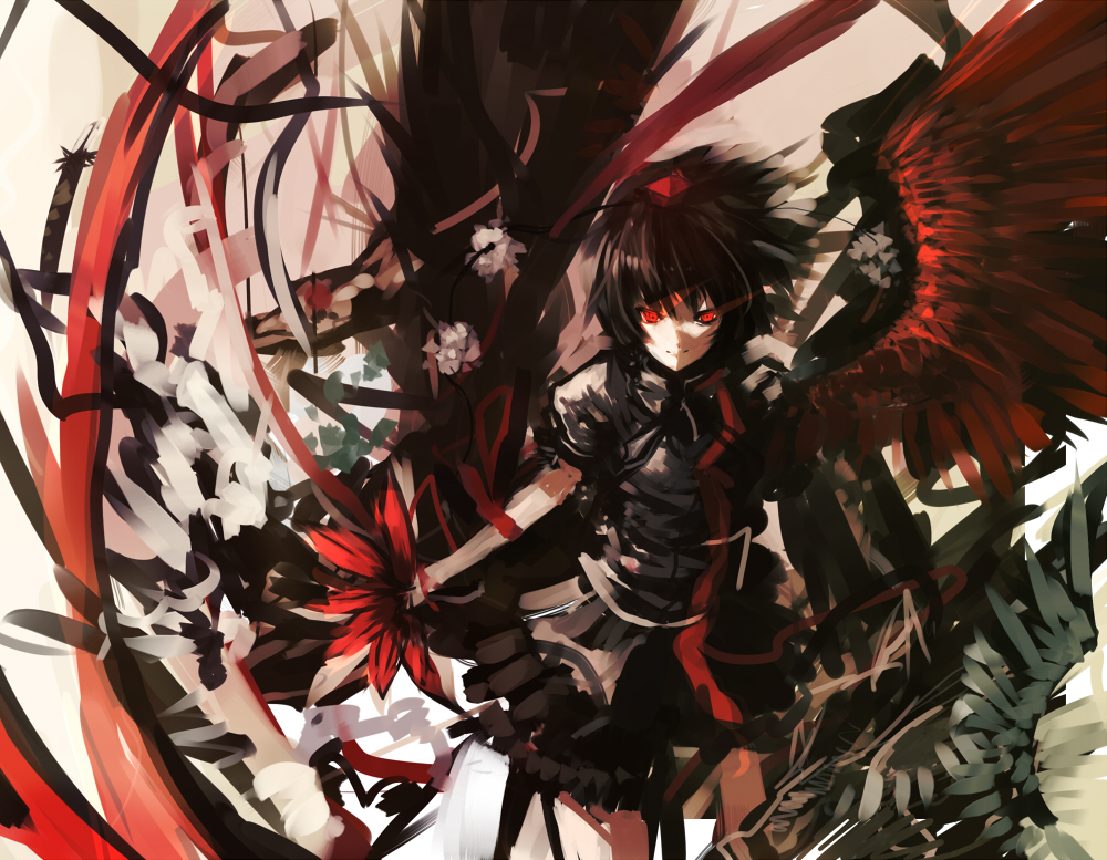 makai no juumin, shameimaru aya, touhou, 1girl, black shirt, blouse, collared shirt, female focus, glowing, glowing eyes, hand fan, hat, holding, holding fan, looking at viewer, red eyes, red hat, shirt, skirt, smile, solo, tokin hat, wings