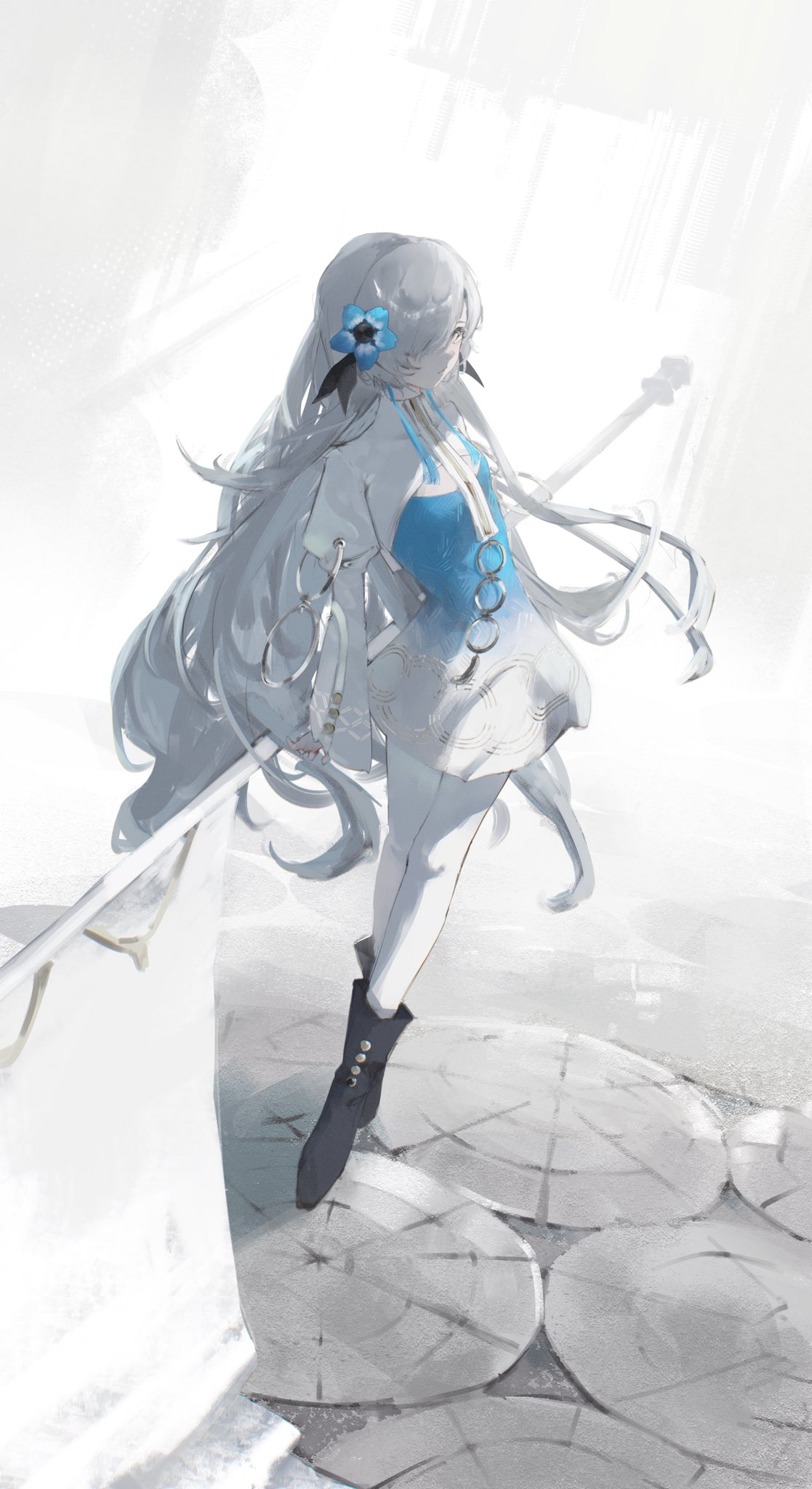 isekaijoucho, kamitsubaki studio, highres, 1girl, blue hair, boots, discharge smp, dress, expressionless, flag, flower, full body, grey hair, hair flower, hair ornament, hair over one eye, holding, holding flag, long hair, looking to the side, multicolored hair, pantyhose, solo, two-tone hair, very long hair, white pantyhose