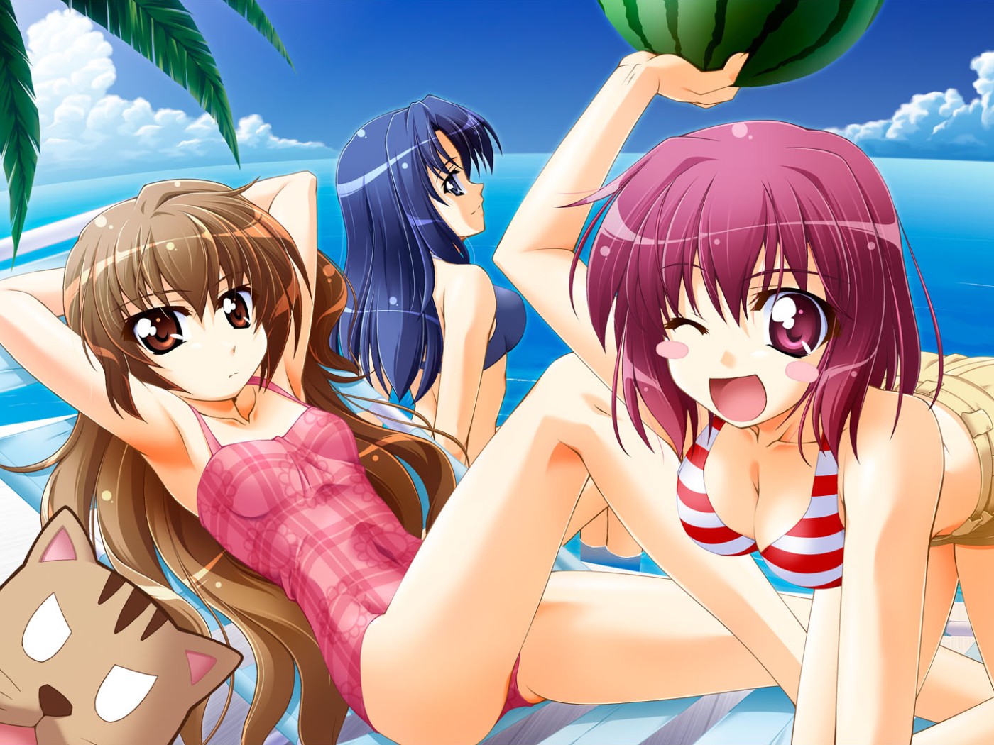 musashiya chougenbou, aisaka taiga, kawashima ami, kushieda minori, palmtop tiger, toradora!, 00s, 3girls, beach, bikini, blush, blush stickers, breasts, cleavage, day, food, fruit, medium breasts, melon, multiple girls, ocean, one eye closed, outdoors, swimsuit, tiger, watermelon