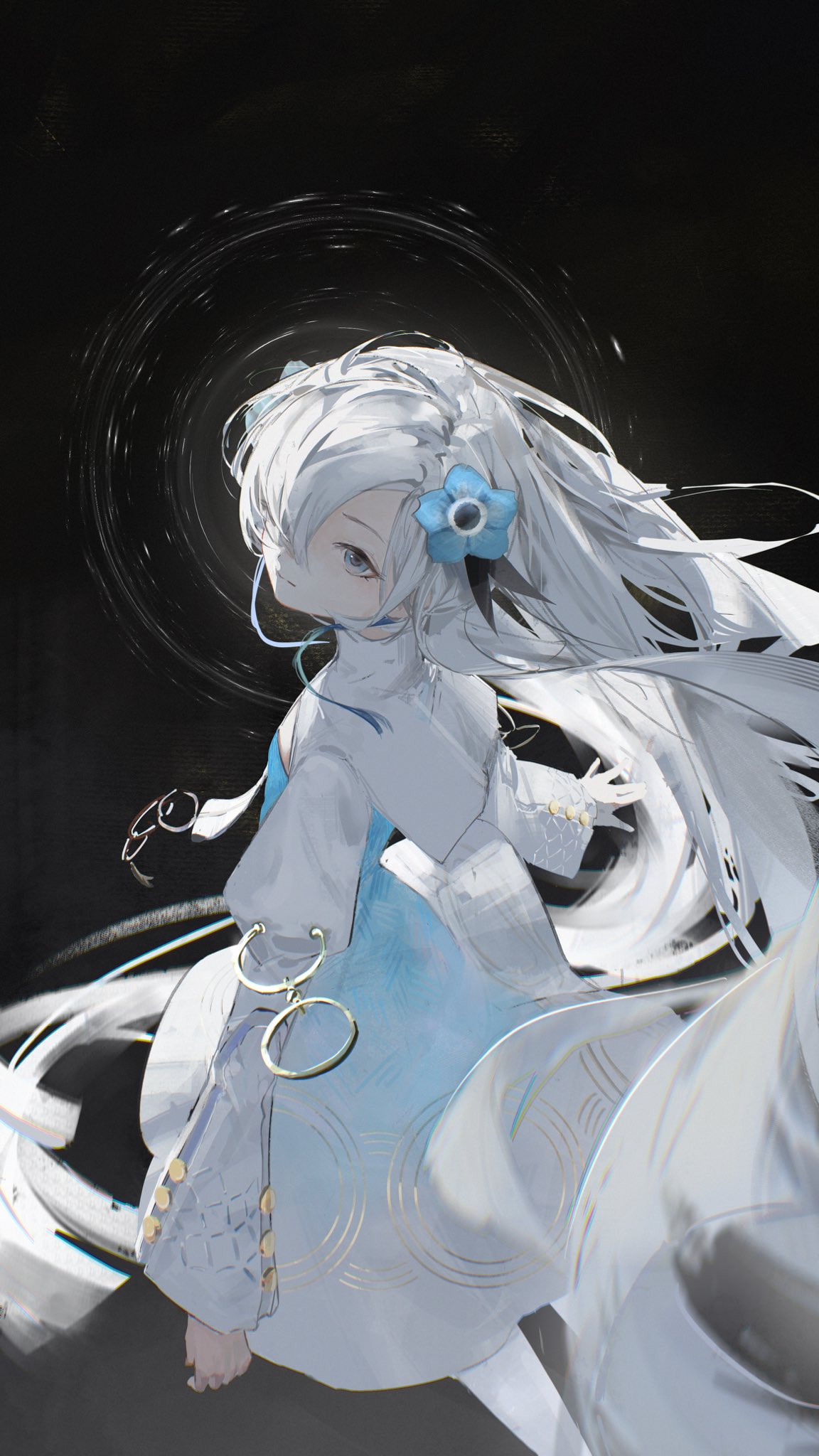 isekaijoucho, kamitsubaki studio, highres, 1girl, blue eyes, blue hair, discharge smp, dress, expressionless, floating hair, flower, hair flower, hair ornament, hair over one eye, long hair, looking at viewer, multicolored hair, pantyhose, solo, swirl, two-tone hair, very long hair, white hair, white pantyhose
