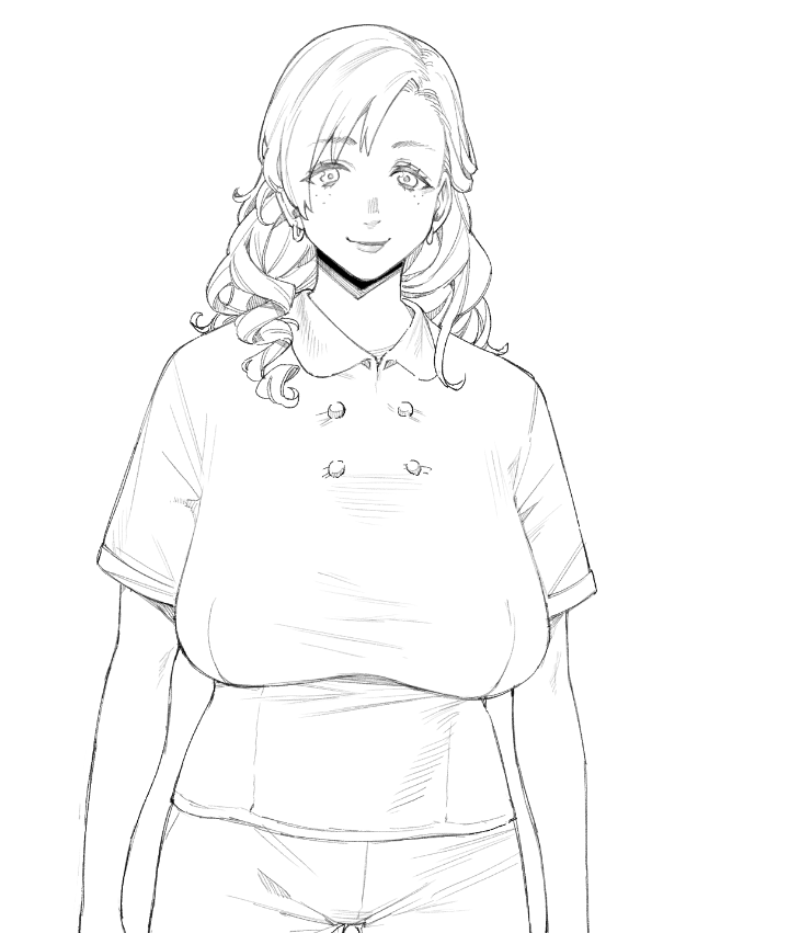 keoya (keoya 01), original, commentary request, 1girl, arms at sides, breasts, buttons, collared shirt, cowboy shot, drill hair, earrings, freckles, greyscale, jewelry, long hair, looking at viewer, monochrome, pants, parted bangs, sagging breasts, shirt, short sleeves, simple background, smile, solo, tareme, white background