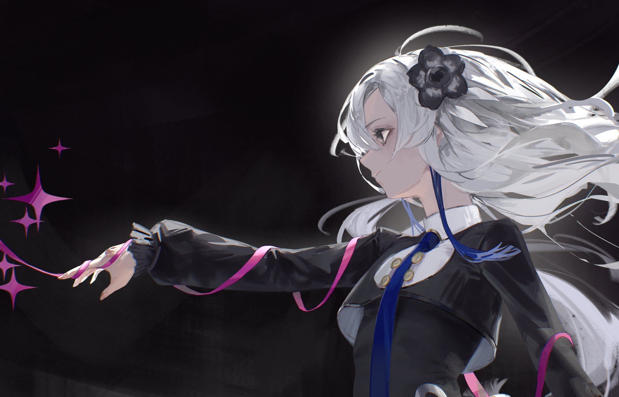 isekaijoucho, kamitsubaki studio, highres, 1girl, blue hair, discharge smp, expressionless, flat chest, floating hair, grey eyes, grey hair, jacket, long hair, multicolored hair, necktie, outstretched arm, profile, ribbon, solo, two-tone hair, upper body