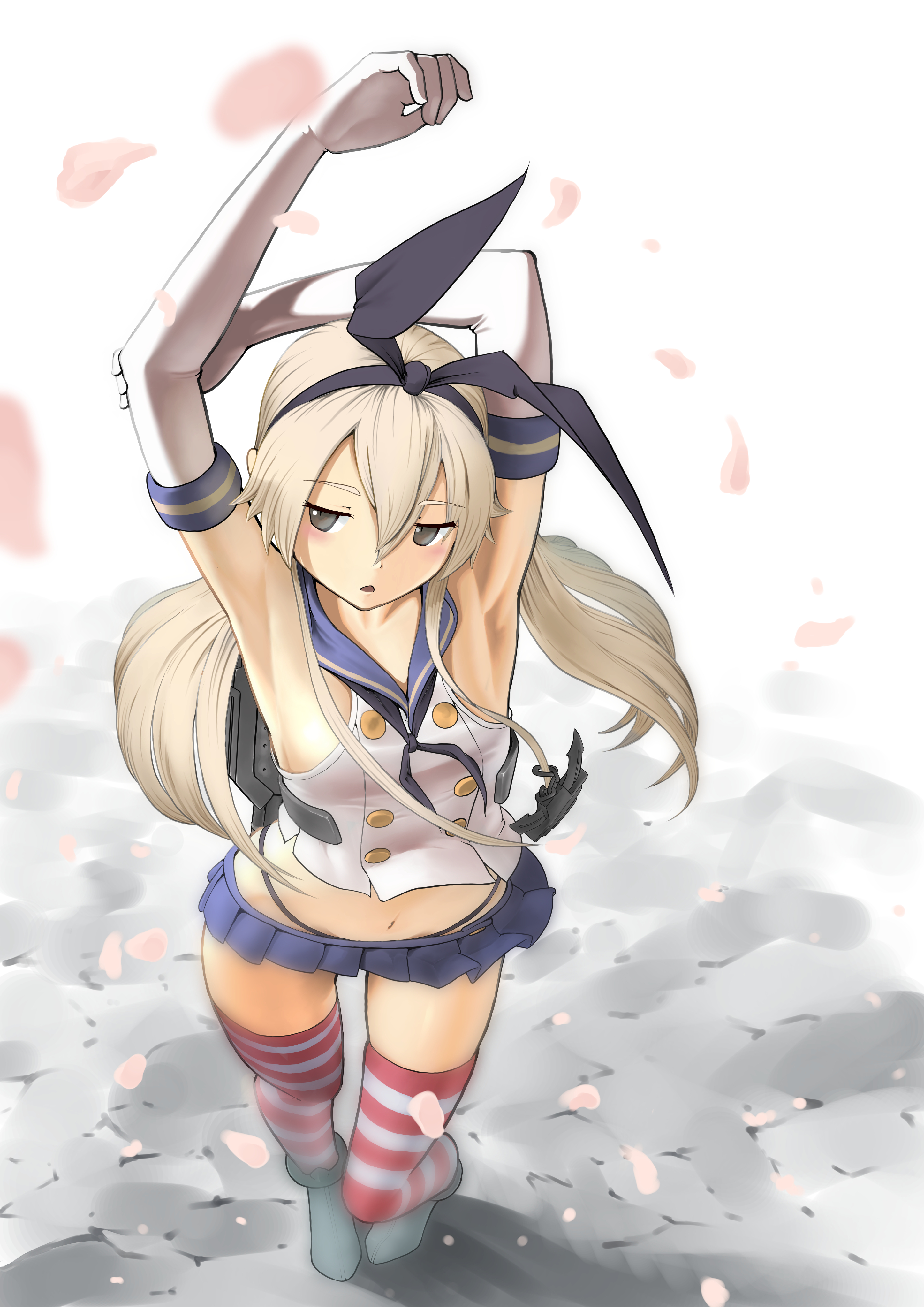 amochin, shimakaze (azur lane), shimakaze (kancolle), kantai collection, absurdres, highres, tagme, 1girl, armpits, expressionless, midriff, navel, skirt, thighs