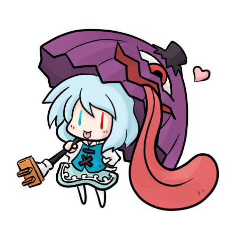 yanagi (nurikoboshi), tatara kogasa, touhou, lowres, 1girl, :p, blue eyes, blue hair, chibi, female focus, full body, geta, hand on own hip, heart, heterochromia, hip focus, karakasa obake, red eyes, simple background, solo, standing, tongue, tongue out, umbrella, white background, | |