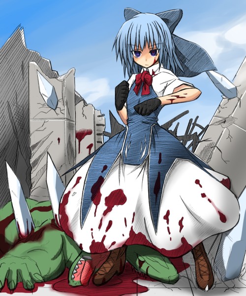 jikai, cirno, advent cirno, embodiment of scarlet devil, touhou, 1girl, blood, blood on face, blood splatter, blue eyes, blue hair, bow, day, dress, empty eyes, female focus, guro, hair bow, matching hair/eyes, sky, solo