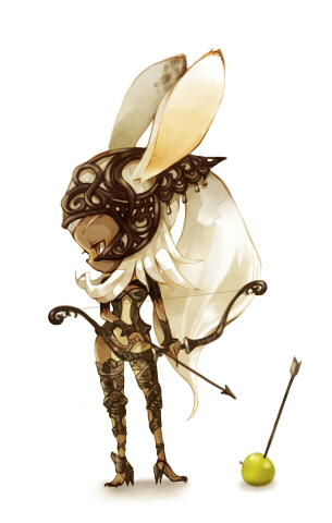sui (petit comet), fran (ff12), final fantasy, final fantasy xii, bad id, bad pixiv id, lowres, 00s, 1girl, animal ears, apple, armor, arrow (projectile), bow, bow (weapon), chibi, ears through headwear, female focus, food, fruit, full body, helmet, long hair, ponytail, rabbit ears, solo, viera, weapon, white hair