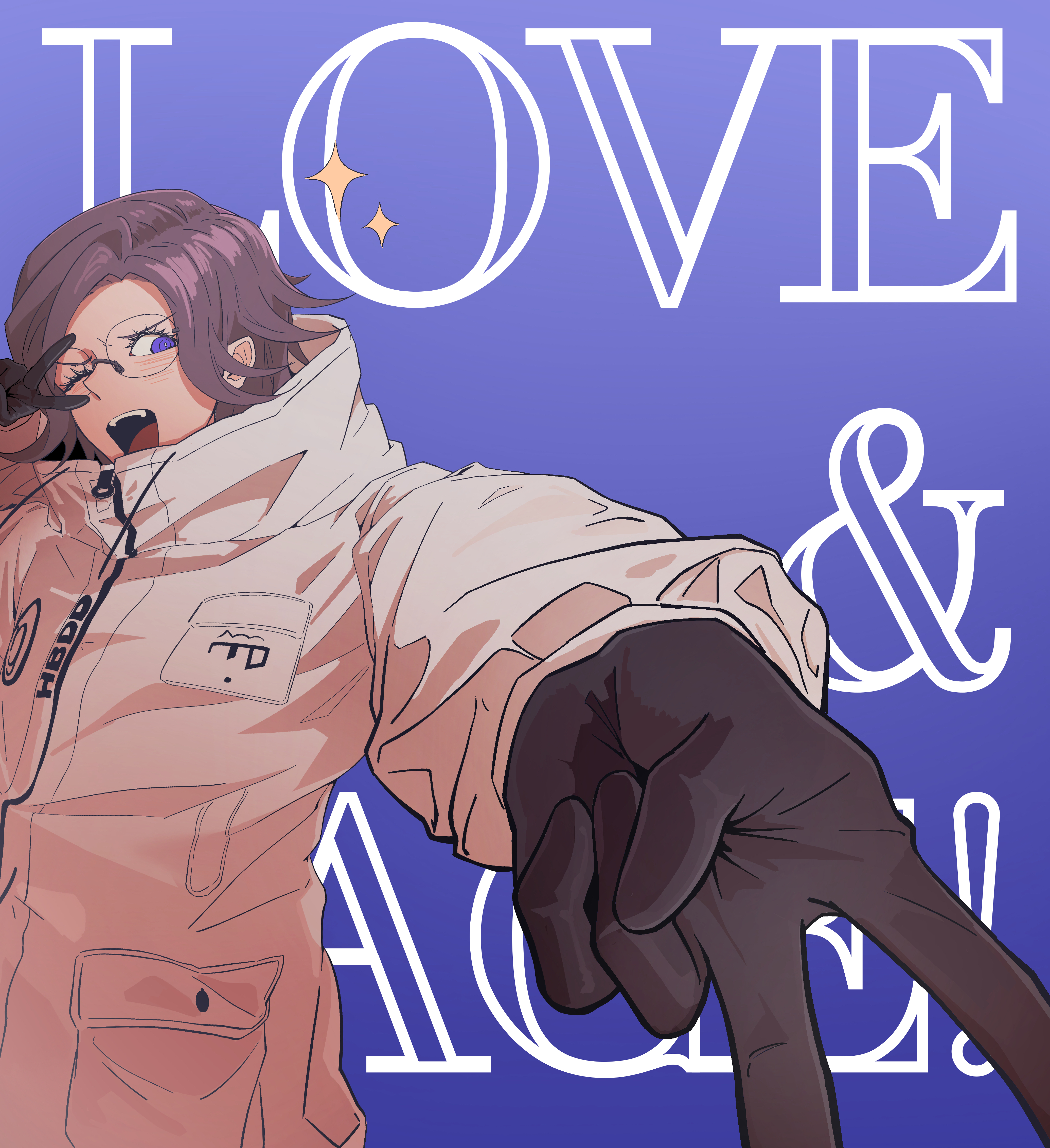 aotsuki eito, the hundred line -last defense academy-, absurdres, commentary request, highres, 1boy, :d, aestro 111, black gloves, blue background, breast pocket, catchphrase, double v, drawstring, english text, glasses, gloves, gradient background, grey hair, jacket, looking at viewer, male focus, one eye closed, open mouth, outstretched arm, pocket, purple eyes, short hair, smile, solo, sparkle, teeth, upper body, upper teeth only, v, v over eye, white jacket, zipper pull tab