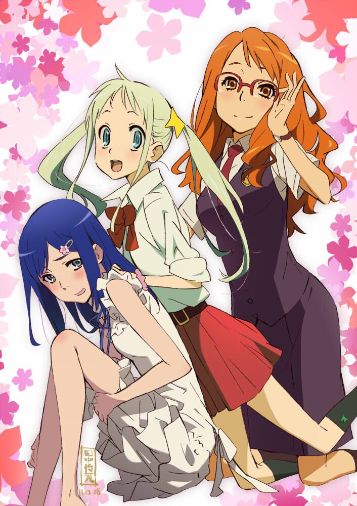 tanaka masayoshi, anjou naruko, honma meiko, tsurumi chiriko, ano hi mita hana no namae wo bokutachi wa mada shiranai., official art, 3girls, blue eyes, blue hair, blush, breasts, brown eyes, brown hair, closed mouth, cosplay, costume switch, dated, dress, glasses, grey hair, hair ornament, hairclip, long hair, looking at viewer, multiple girls, necktie, open mouth, short hair, skirt, smile, twintails, very long hair