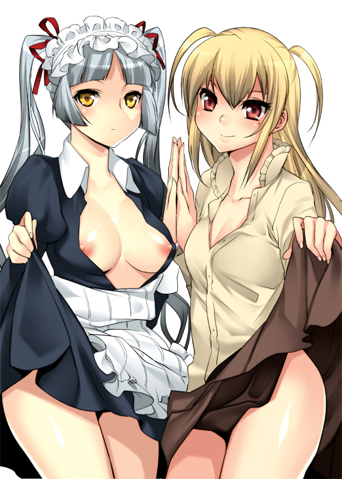 makuro, shidou mariya, shinouji matsurika, maria holic, bad id, bad pixiv id, 00s, 1boy, 1girl, apron, blonde hair, blue hair, breasts, clothes lift, crossdressing, dress, dress lift, hair ribbon, hairband, long hair, maid, maid apron, medium breasts, mole, mole under eye, nipples, no bra, open clothes, red eyes, ribbon, skirt, skirt lift, thighs, trap, twintails, yellow eyes