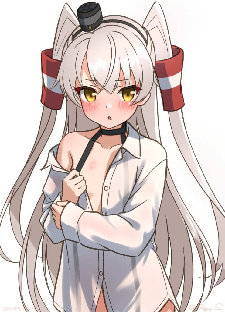 ray.s, amatsukaze (kancolle), kantai collection, 1girl, black choker, blush, choker, grey hair, hair tubes, long hair, long shirt, long sleeves, looking at viewer, naked shirt, one-hour drawing challenge, open clothes, open shirt, shirt, smokestack hair ornament, solo, twitter username, two side up, yellow eyes