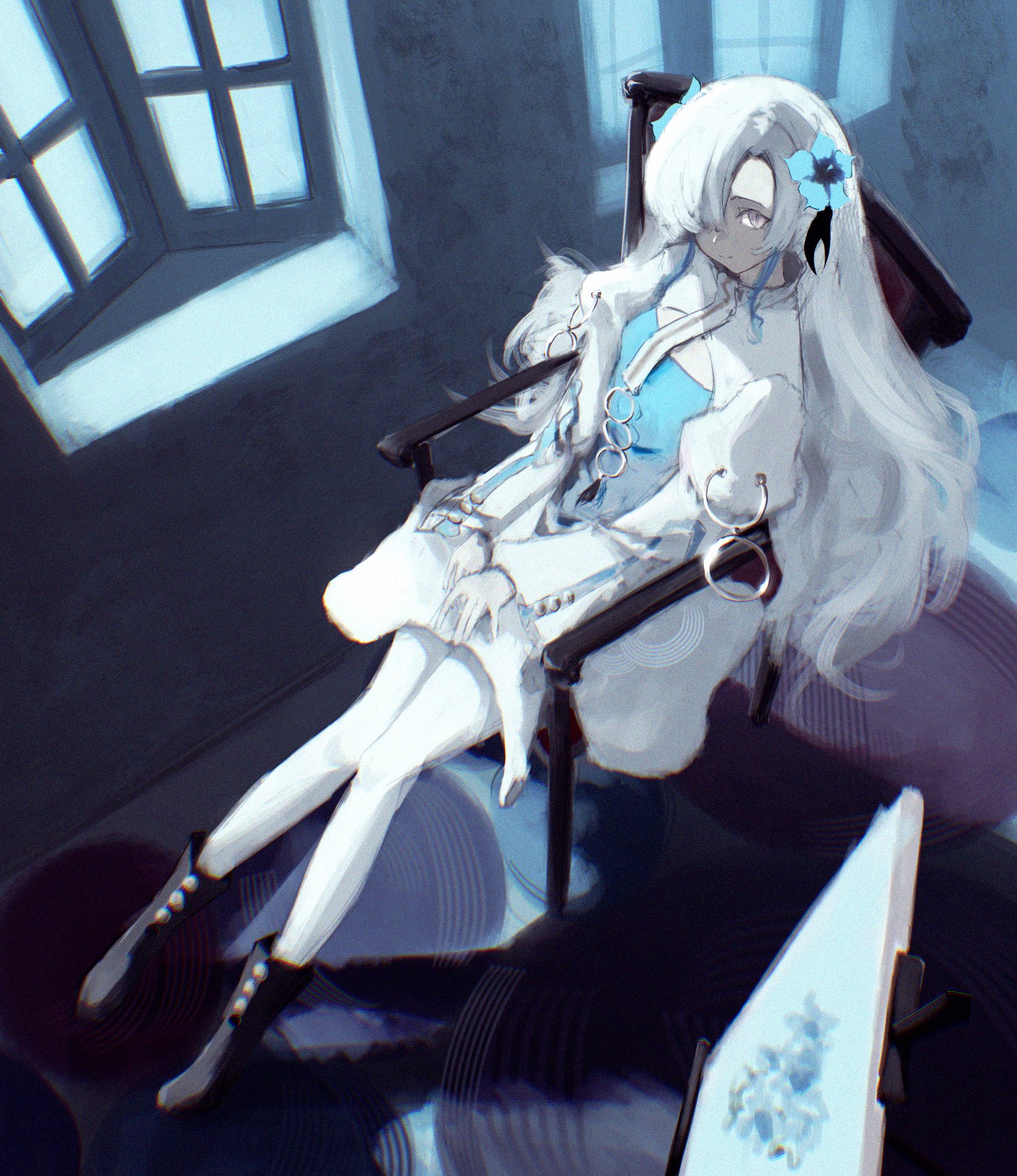 isekaijoucho, kamitsubaki studio, highres, 1girl, blue hair, boots, chair, discharge smp, dress, expressionless, flower, grey eyes, hair flower, hair ornament, long hair, looking at viewer, multicolored hair, pantyhose, sitting, solo, two-tone hair, white hair, white pantyhose, window