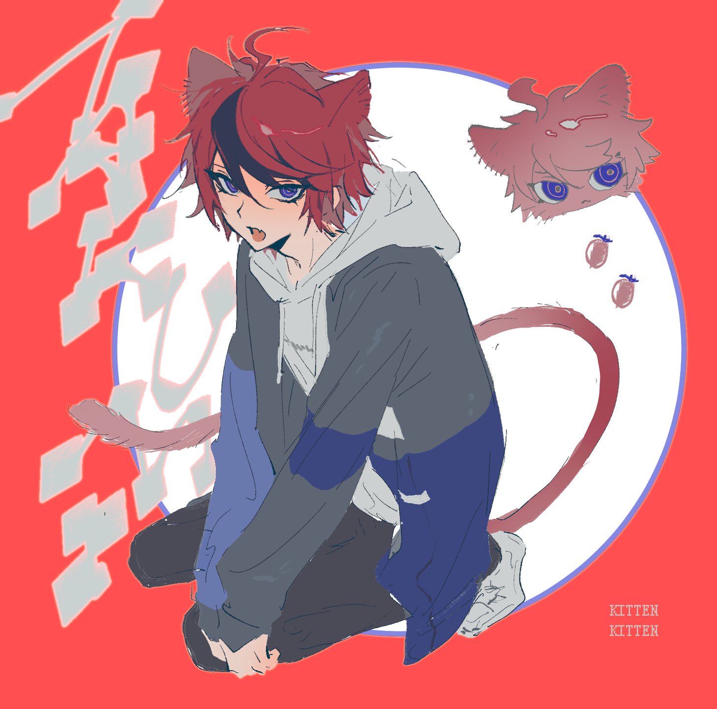 mint1618680, sumino takumi, the hundred line -last defense academy-, chinese commentary, commentary request, highres, 1boy, ahoge, animal ears, black pants, black streaks, blue eyes, blue jacket, cat ears, cat tail, cherry tomato, chibi, chibi inset, circle, english text, fang, grey jacket, hood, hoodie, jacket, kemonomimi mode, kneeling, male focus, multicolored hair, multicolored jacket, open clothes, open jacket, pants, red background, red hair, shoes, short hair, skin fang, streaked hair, tail, tomato, two-tone jacket, white background, white hoodie, white shoes