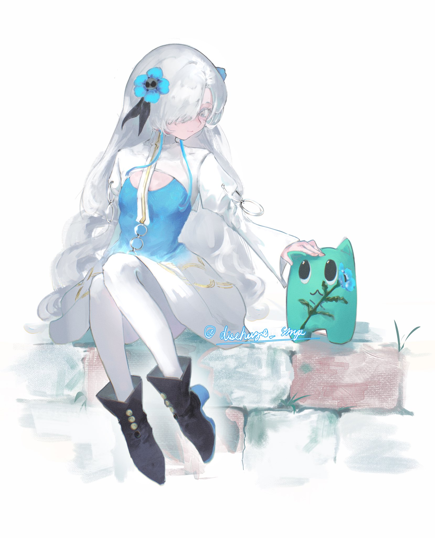 isekaijoucho, kamitsubaki studio, highres, 1girl, blue hair, boots, creature, discharge smp, dress, flower, full body, gomidasu (kamitsubaki studio), hair flower, hair ornament, holding, holding flower, long hair, looking at another, multicolored hair, nemophila (flower), pantyhose, petting, sitting, smile, two-tone hair, white hair, white pantyhose
