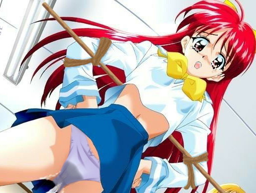 bdsm, bedwetting, bondage, bound, bow, panties, peeing, peeing self, purple panties, purposeful wetting, red hair, rope, school uniform, underwear, wet, wet clothes, wet panties