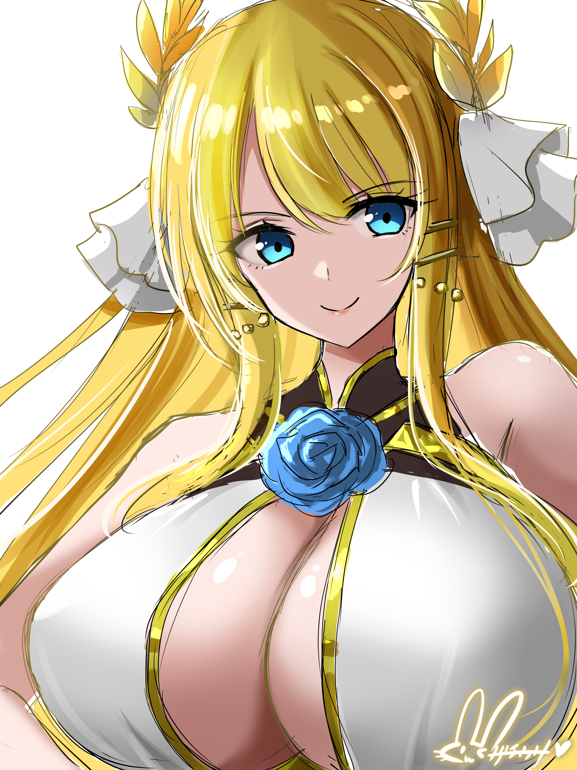 hisin, victorious (azur lane), azur lane, absurdres, commentary request, highres, 1girl, bare shoulders, blonde hair, blue eyes, blue flower, blue rose, breasts, center opening, flower, gold trim, huge breasts, laurel crown, long hair, rose, simple background, sleeveless, solo, upper body, white background