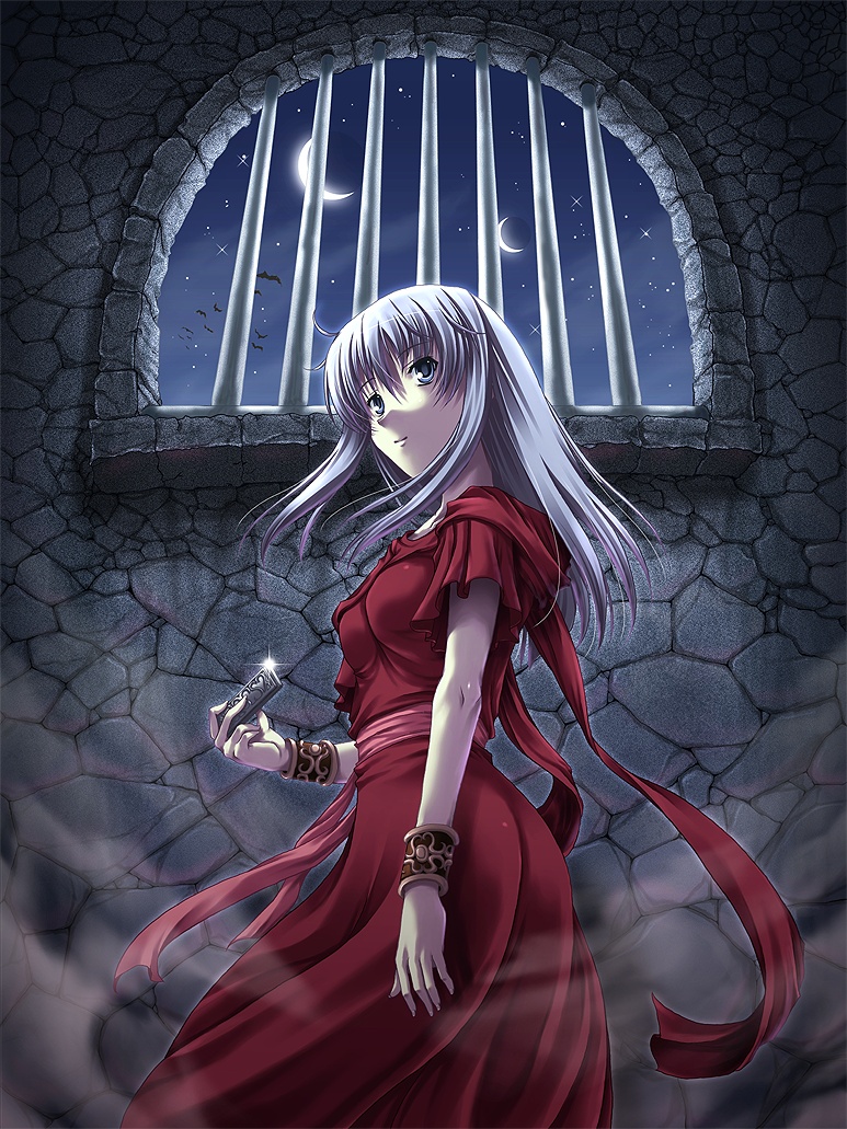 miyai sen, reah (ys), ancient ys vanished, ys, bars, silver hair, 1girl, crescent, crescent moon, dress, female focus, harmonica, instrument, moon, multiple moons, night, night sky, red dress, sky, solo, window