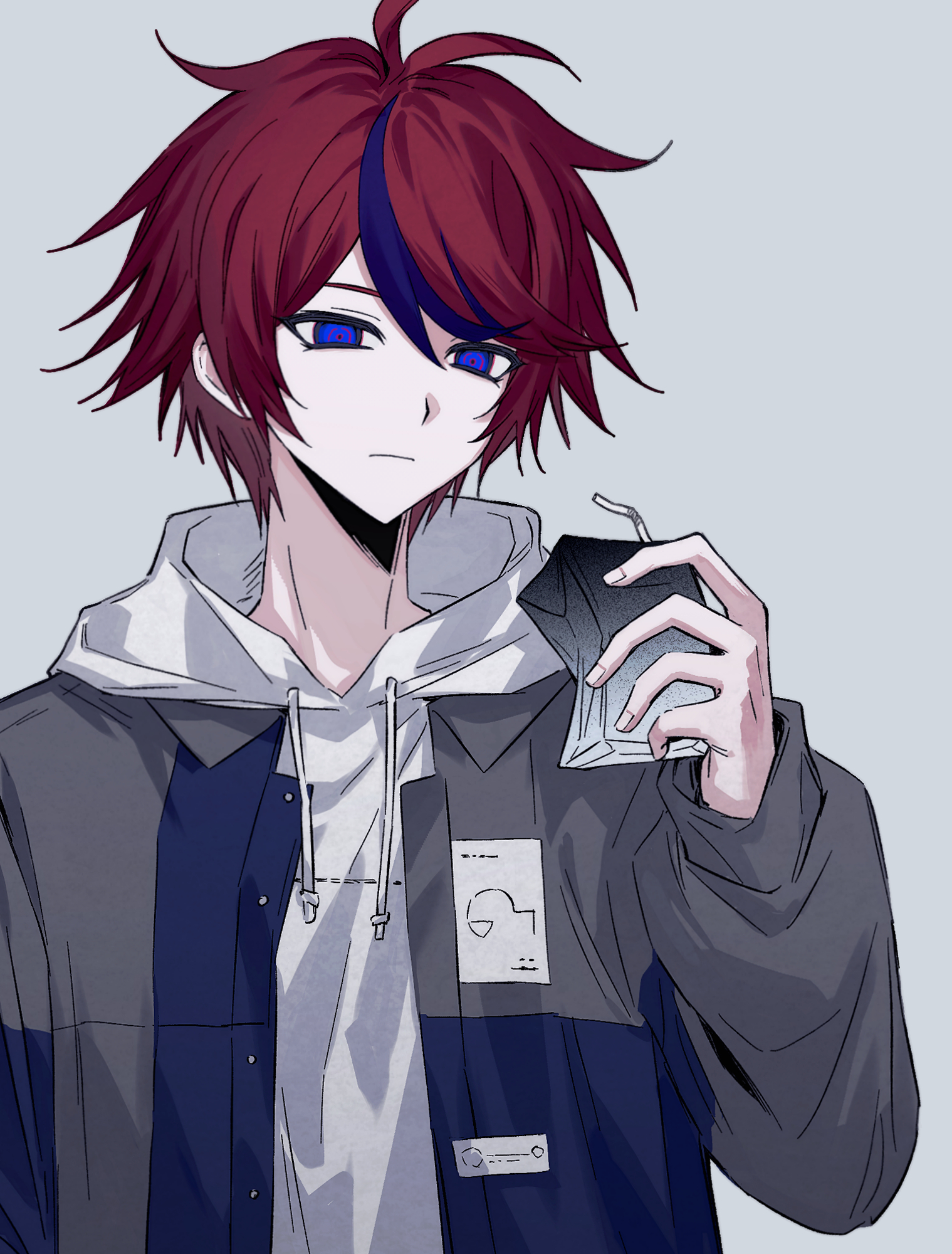sumino takumi, the hundred line -last defense academy-, chinese commentary, commentary request, highres, 1boy, blue eyes, blue hair, closed mouth, drawstring, grey background, grey jacket, holding juice box, hood, hood down, hoodie, iro (kakerairo), jacket, jacket over hoodie, male focus, multicolored hair, open clothes, open jacket, short hair, simple background, solo, streaked hair, two-tone hair, upper body, white hoodie