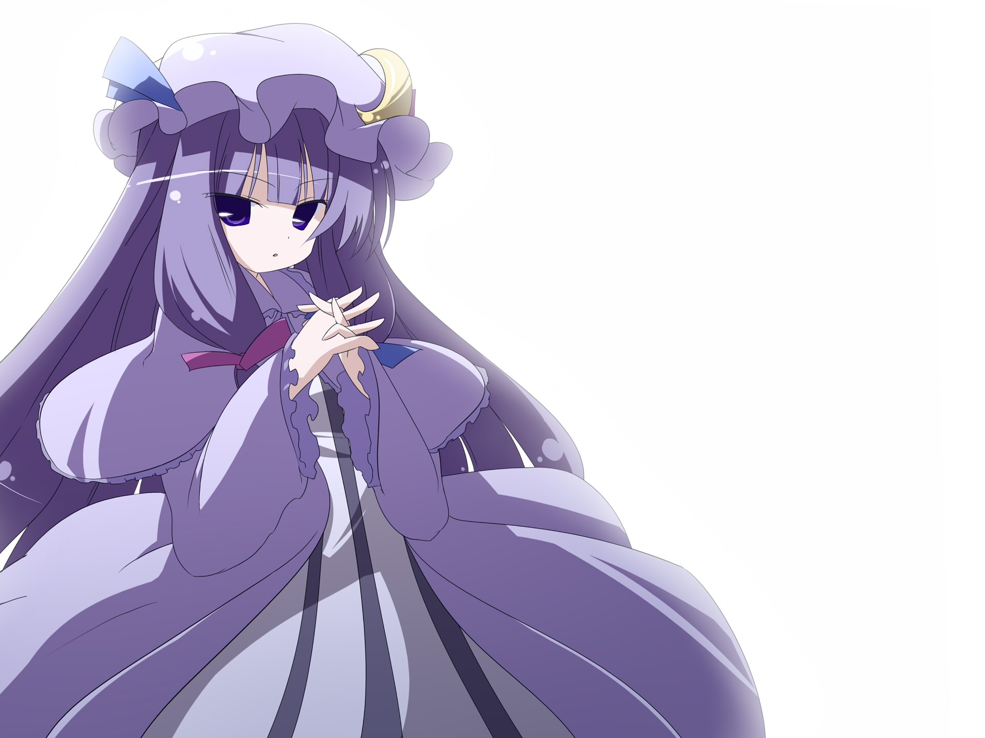 oka (bananashoe), patchouli knowledge, touhou, highres, 1girl, bloom, crescent, female focus, hair ribbon, hat, long hair, own hands clasped, own hands together, purple eyes, purple hair, ribbon, robe, solo