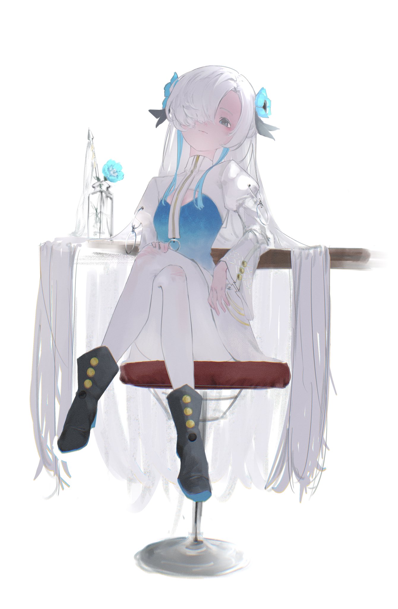 isekaijoucho, kamitsubaki studio, highres, 1girl, blue hair, boots, crossed legs, discharge smp, dress, flower, full body, grey eyes, light smile, long hair, looking at viewer, multicolored hair, nemophila (flower), pantyhose, sitting, smile, solo, two-tone hair, very long hair, white hair, white pantyhose